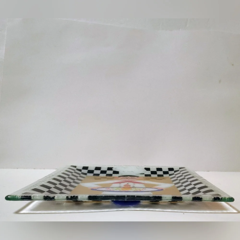 Peggy Karr VTG Fused Art Glass Bistro Chef Square Plate 10